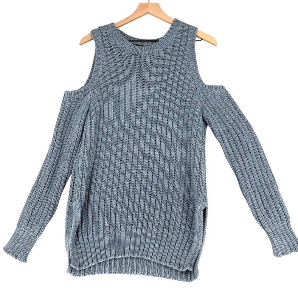 BCBGMAXAZRIA Blue Cold Shoulder Sweater Women Medium Chunky Knit Italy Textured - Picture 2 of 13